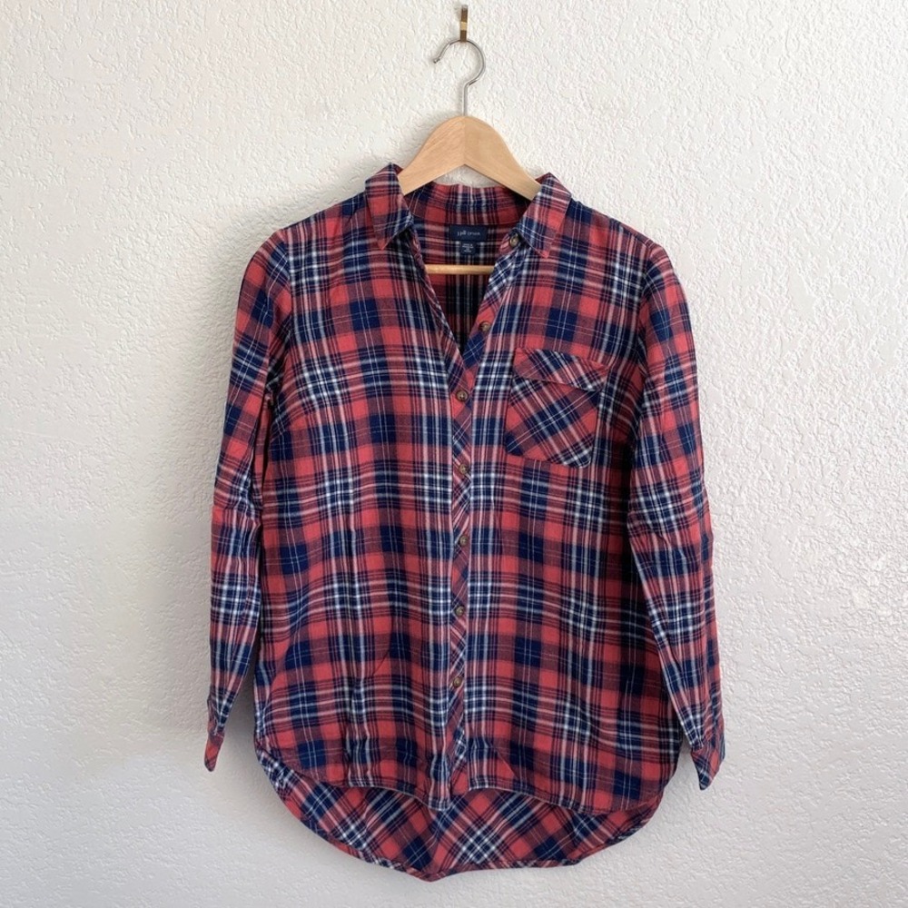 J.Jill Soft Country Cotton Flannel Button Up Tunic Top‎ Red Navy White Plaid XS